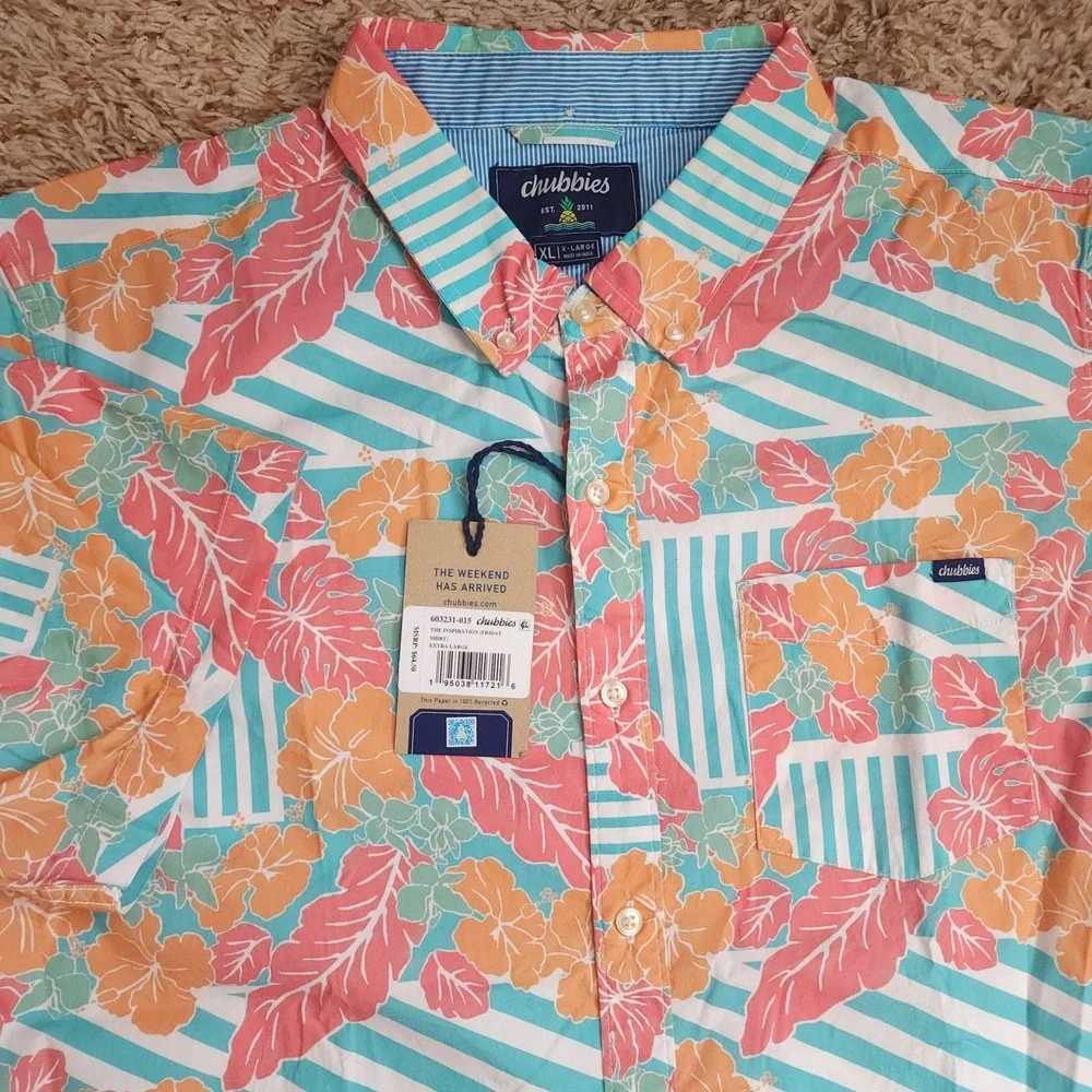NWT Chubbies Hawaiian‎ Floral Mens XL Oxford Short Sleeve Button Up Shirt